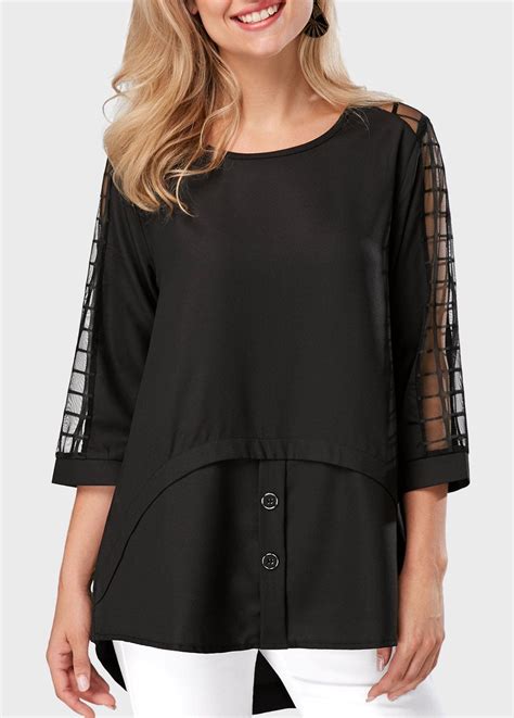 Black Three Quarter Sleeve Mesh Panel Blouse Rosewe Usd