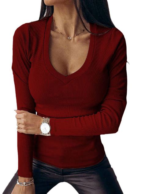 Saodimallsu Womens Long Sleeve Shirt Deep V Neck Ribbed Knit Slim Basic