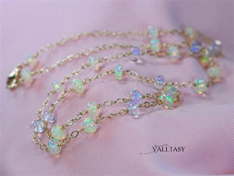 Solid Gold 14k Ethiopian Opal And Rainbow Moonstone Gemstone Necklace Gemmy Necklace Valltasy