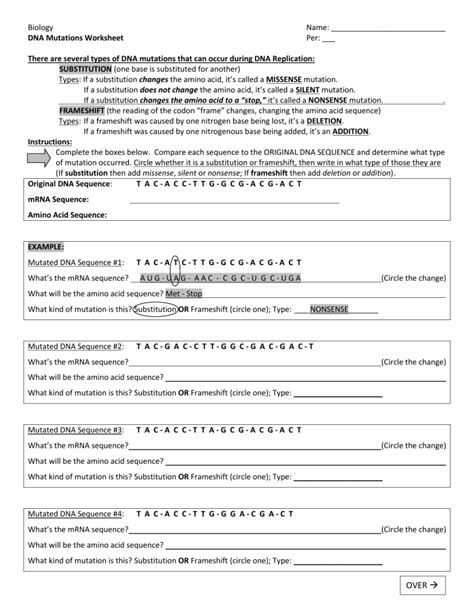 Dna Mutations Worksheet