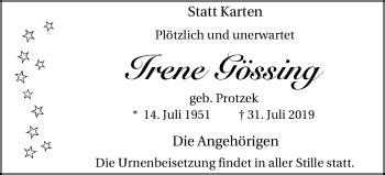 Traueranzeigen von Irene Gössing Trauer in NRW de