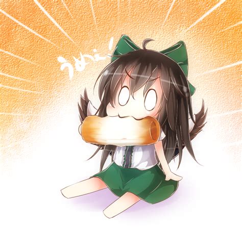 Safebooru 1girl Barefoot Bikuseno Black Hair Bow Cape Chibi Chikuwa Eating Food Food In Mouth