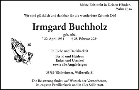 Traueranzeigen Von Irmgard Buchholz Vrm Trauer De