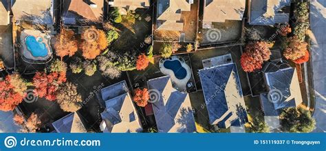 Panoramic Aerial View Typical House with Light Snow Covered Roof in ...