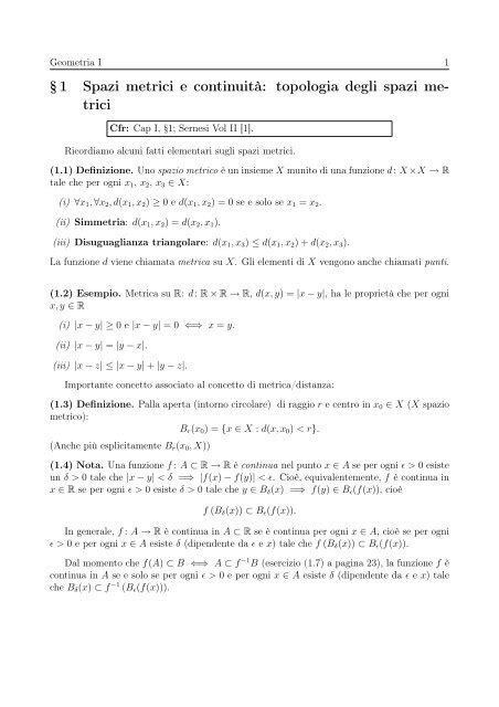 Spazi Metrici E Continuit Matematica E Applicazioni