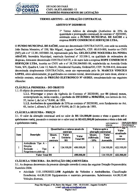 1º Termo Aditivo ao contrato 20230585 Prefeitura Municipal de Augusto