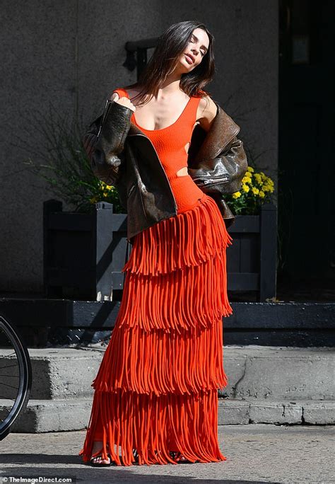 Emily Ratajkowski Turns Heads In Red Fringed Frock During Nyc