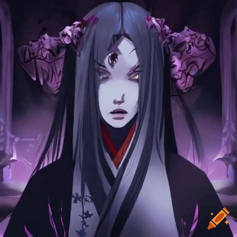 Pale Woman With Long Black Hair And Ghostly Eyes In A Yokai Kimono