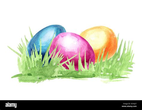 Colored Easter Eggs In The Green Grass Hand Drawn Watercolor