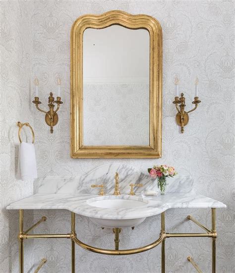 Gold Leaf French Mirror With Marble And Brass Curved Sink Vanity