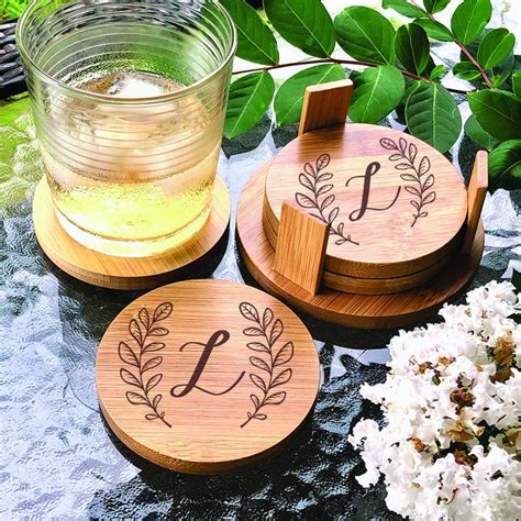 Personalized Coasters Round 4 Coaster Set With Holder Bamboo Etsy