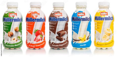 Müllermilch different flavors in bottles by Theo Müller company isolated on a white background ...