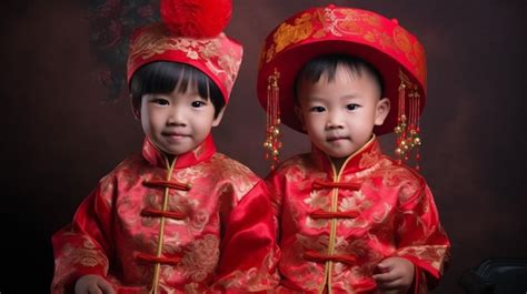 Dos niños vestidos con trajes chinos rojos posan para una foto Foto