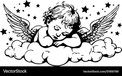 Baby Angel Sleeping On A Cloud With Starry Sky Vector Image