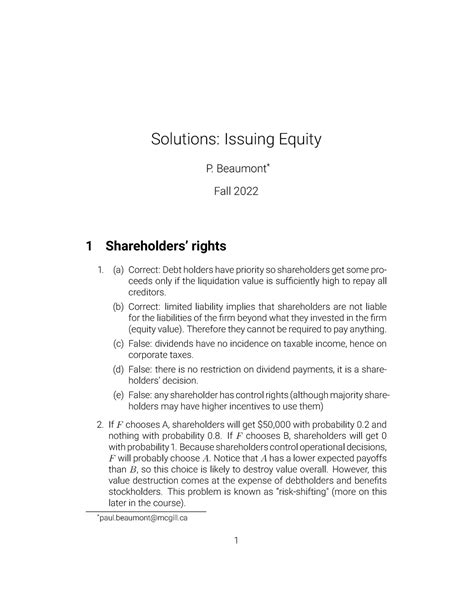 Issuing Equity Solutions - Solutions: Issuing Equity P. Beaumont* Fall