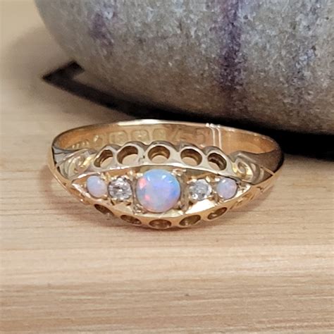 031ct Antique Edwardian 18ct Yellow Gold Opal And Old Cut Diamond Five Stone Ring Ace Jewellery