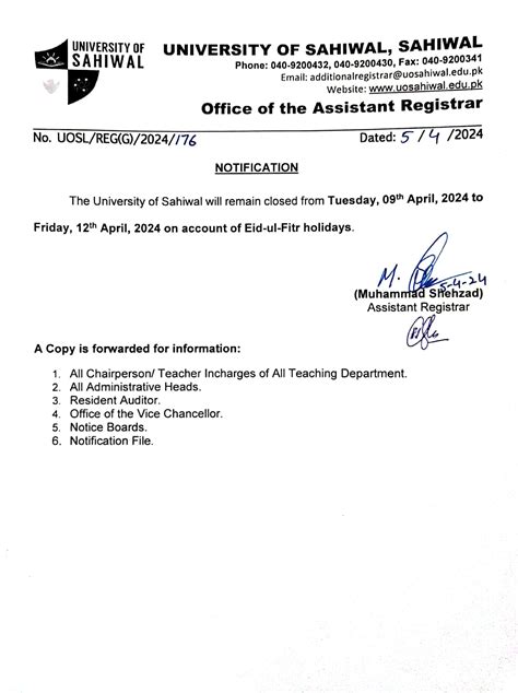 Notification Of Eid Ul Fitr Holidays University Of Sahiwal