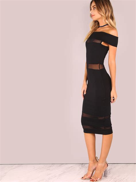 Off Shoulder Mesh Panel Bodycon Dress Shein Sheinside