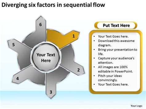 Diverging Six Factors Sequential Flow Circular Arrow Diagram Powerpoint Slides