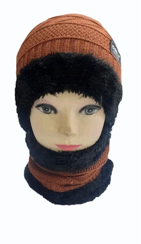 Knitted Men Brown Woolen Neck Cap Set Winter Wear Size Large At Rs