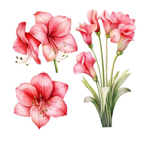 Conjunto De Aquarela Amaryllis Flor Isolada Fundo Branco Vetor Premium