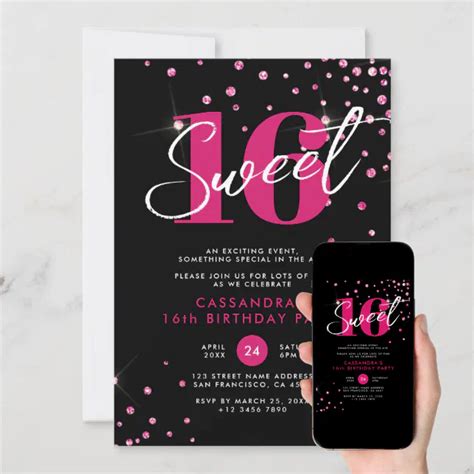 Modern Black Pink Glitter Sweet Sixteen Birthday Invitation Zazzle