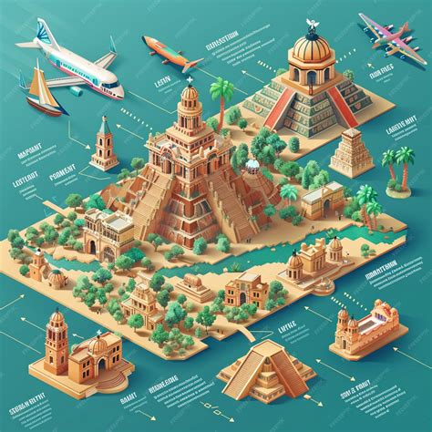 Mexican tourist attractions isometric flowchart illustration | Premium