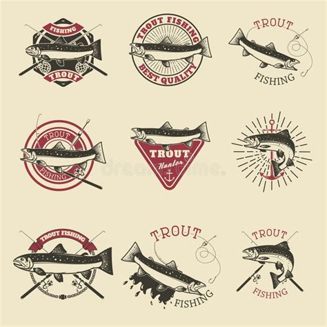 Set Of Trout Fishing Labels Fishing Club Team Emblems Template Stock