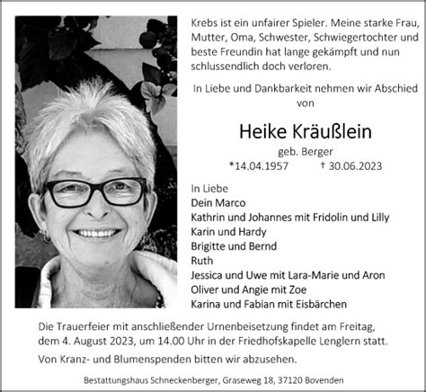 Traueranzeigen Von Heike Kr U Lein Trauer Anzeigen De