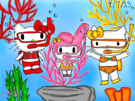 Hello Kitty Mimmy And My Melody Scuba Diving By Lightningsweetharta