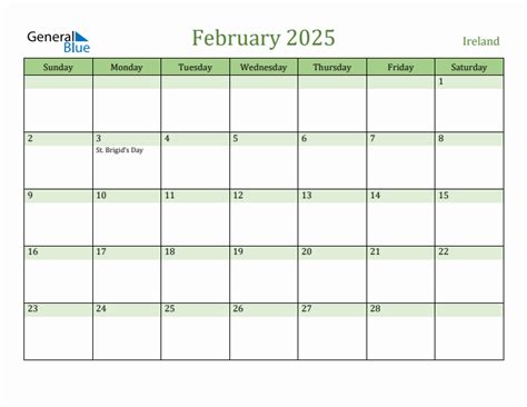 Fillable Holiday Calendar For Ireland February