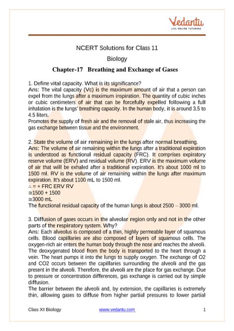 Ncert Solutions Class Biology Chapter Breathing Exchange Of Gases