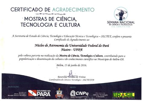 NASTRO Certificado de Agradecimento Mostras de Ciência Tecnologia