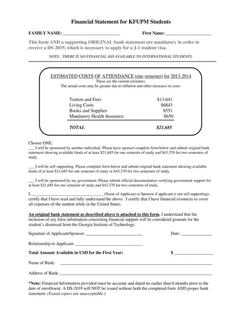 Fillable Online Oie Gatech Financial Statement For Kfupm Students Fax