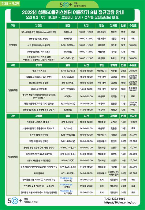 서울시 50플러스포털 성동 2022년 성동센터 여름학기8월 교육 프로그램 모집안내 718월 1000~