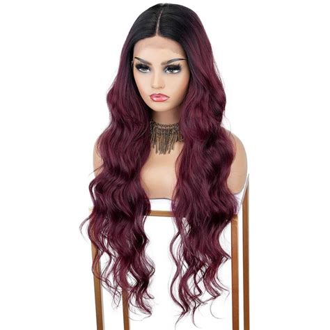 Kryssma Burgundy 99j Lace Front Wig Ombre 28 Inches Long Synthetic