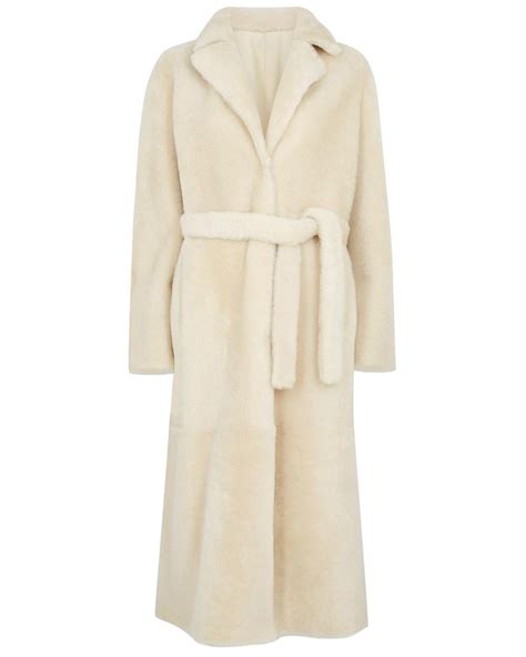 Yves Salomon Ivory Reversible Belted Shearling Coat In Natural Lyst