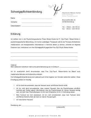 Ausfüllbar Online Schweigepflichtsentbindung Praxis Weiser Hanke Fax