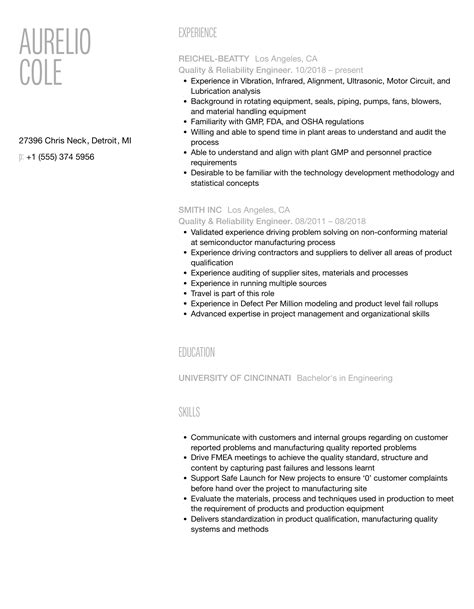 Quality Reliability Engineer Resume Samples Velvet Jobs