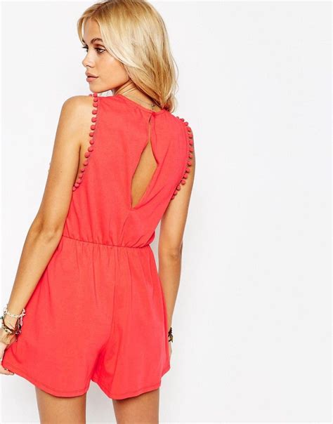 Asos Drop Armhole Jersey Playsuit With Pom Poms At Playsuit