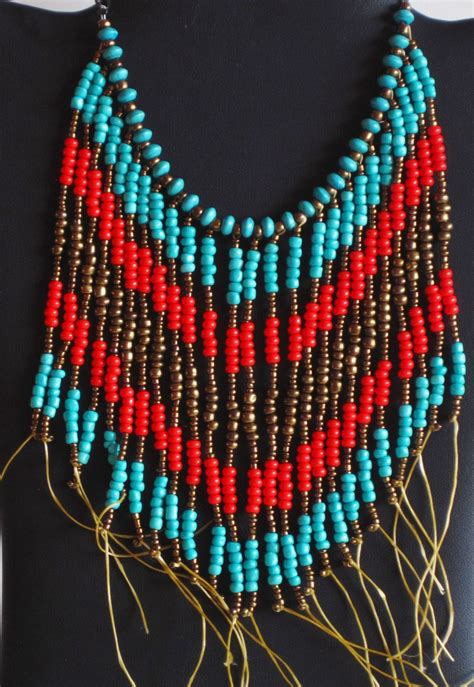 Native American Necklace In Turquoise Bronze And Coral Native