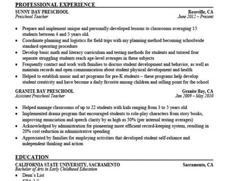 Resume Format For Nursery Teacher Job Preschool Teacher Resume Sample