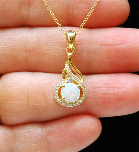 Gold CZ & White Opal Necklace, October Birthstone Necklace, Sterling ...