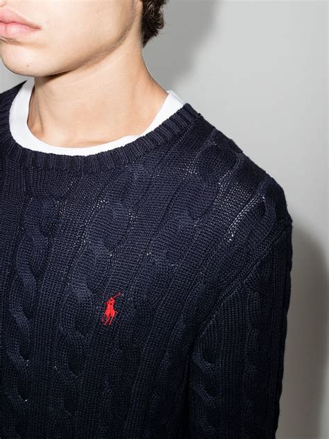 Polo Ralph Lauren Logo Embroidered Cable Knit Jumper Blue Farfetch