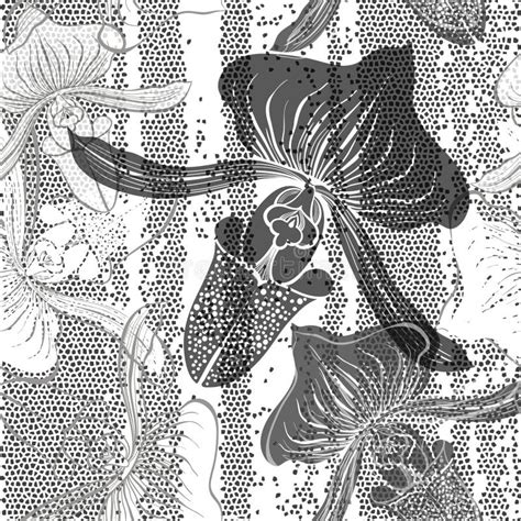 Monochrome Seamless Pattern With Orchids Hand Drawn Floral Back Stock