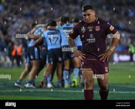 Josh Papalii Of The Maroons Looks Down As Nsw Blues Players Celebrate