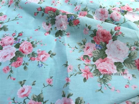 Light Pink Rose Flower Cotton Fabric In Light Aqua Blue Cotton