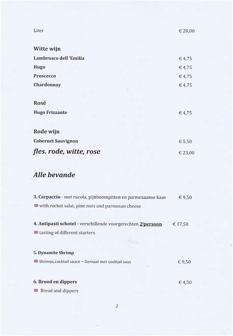 Menu At La Piccola Venezia Giethoorn