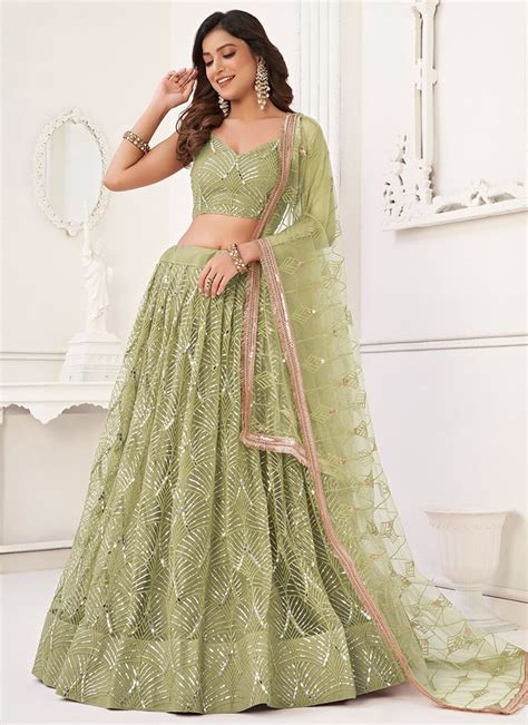 Shop Green Net Hand Work Chic Umbrella Lehenga With Embroidery And