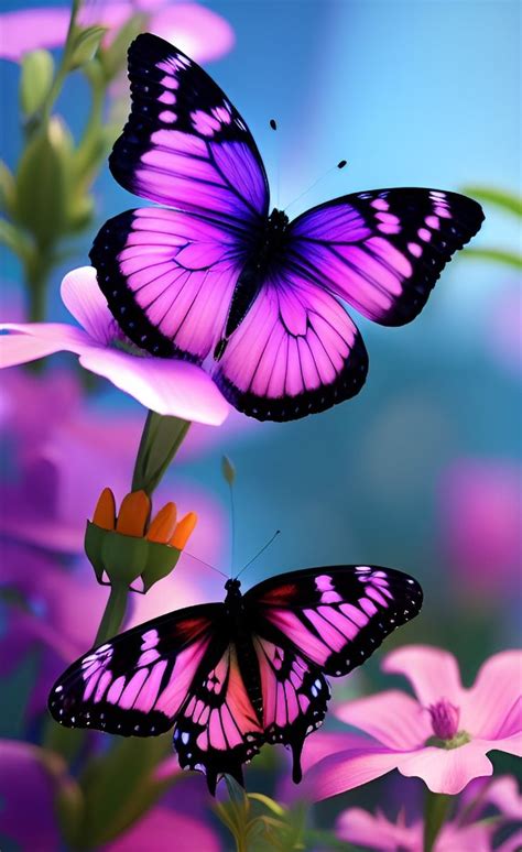 Two Purple Butterflies Flying over Pink Flowers